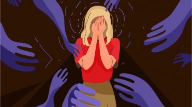 Cartoon-style illustration of a anxious woman covering her face with her hands while ghostly purples hands reach towards her