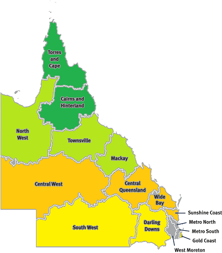 Map of Queensland showing regions for each specialist palliative care clinic hub. Darling Downs and South West Queensland have access via the Gold Coast Clinical Hub. Central West, Central Queensland and the Wide Bay area have access via the Sunshine Coast Clinical Hub. North West Queensland, the Townsville region and the Mackay region have access via the Townsville Clinical Hub. Torres and Cape and of the Cairns and Hinterland regions have access via the Cairns Clinical Hub. 