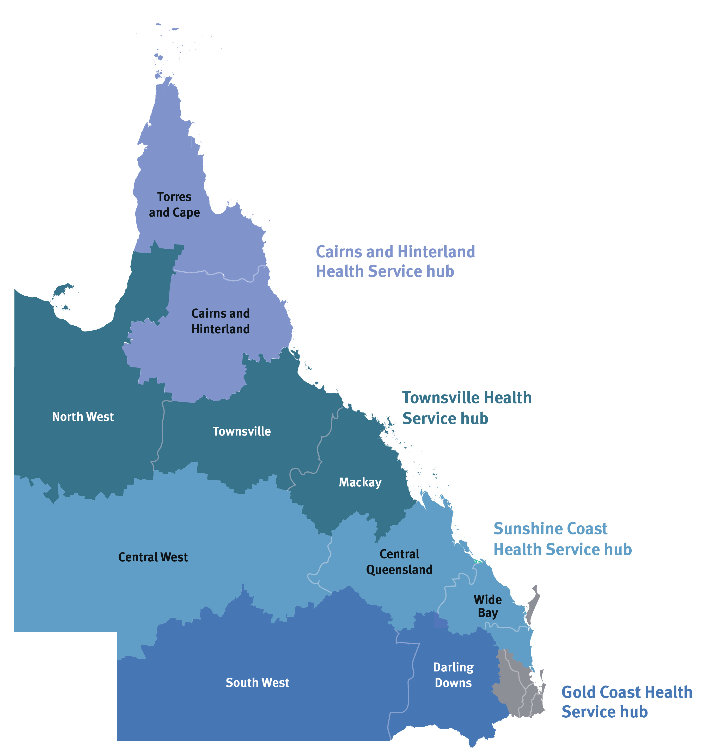 Map shows Queensland HHSs colour coded to reflect which SPaRTa hub they operate from. The equivalent text is below the map on the same page.