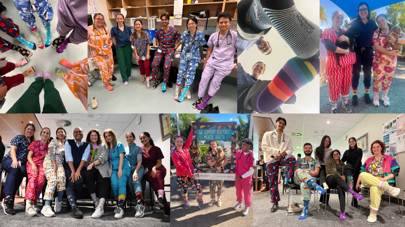 A collage of photos of Queensland Health staff wearing their crazy socks for docs