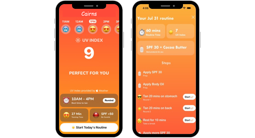 Unnamed app showing users what time of the day is best to tan