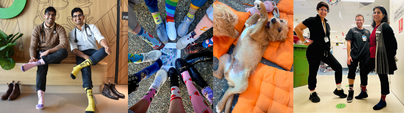 A collage of photos of Queensland Health staff wearing their crazy socks for docs