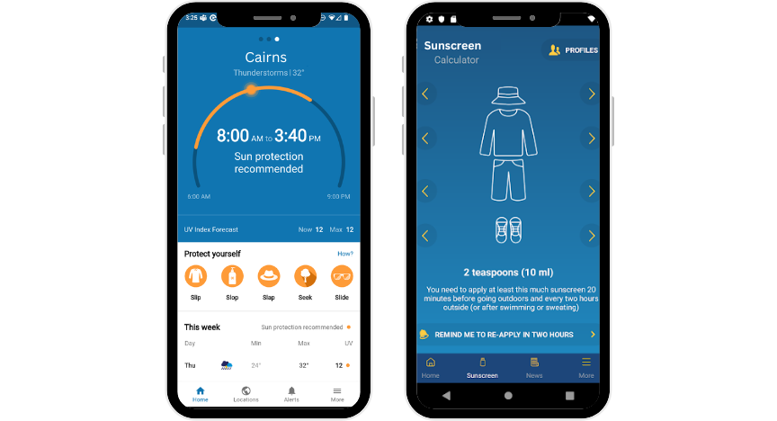 SunSmart app showing UV levels at each time of day and recommended sun safety protection to wear