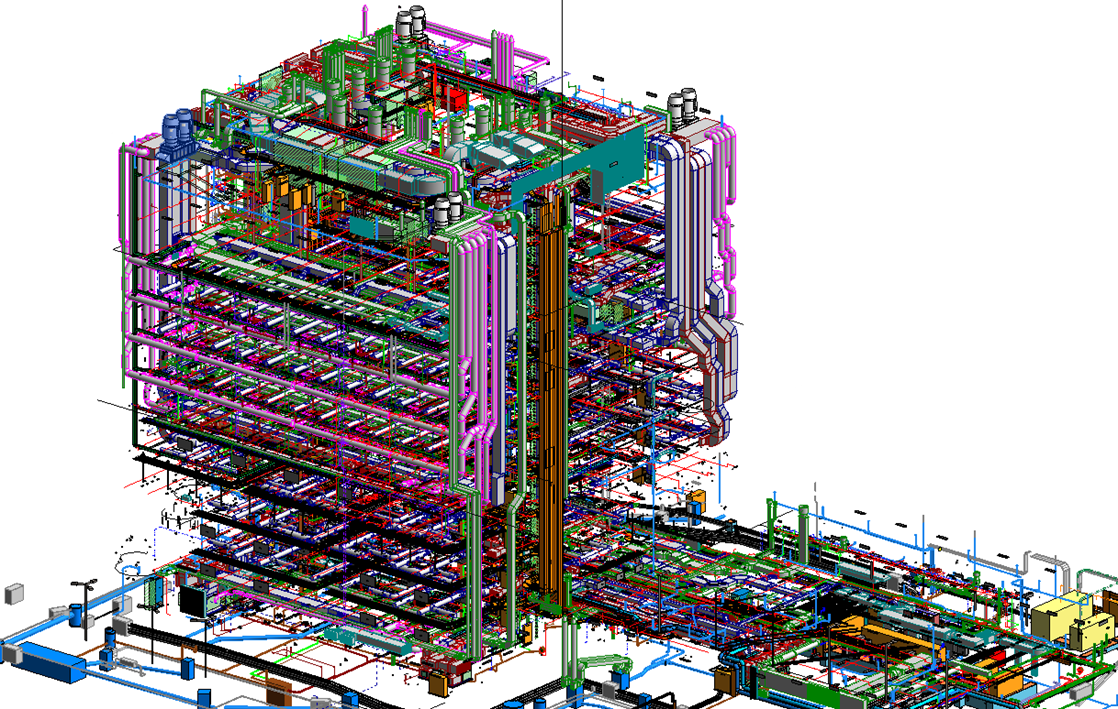 Building Information Modelling 3D Building Information Model (BIM) showing a detailed digital representation of a building, including structural elements and building services systems.