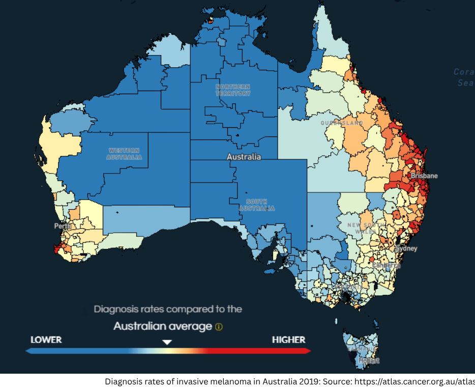 A map showing the different rates of melanoma around Australia