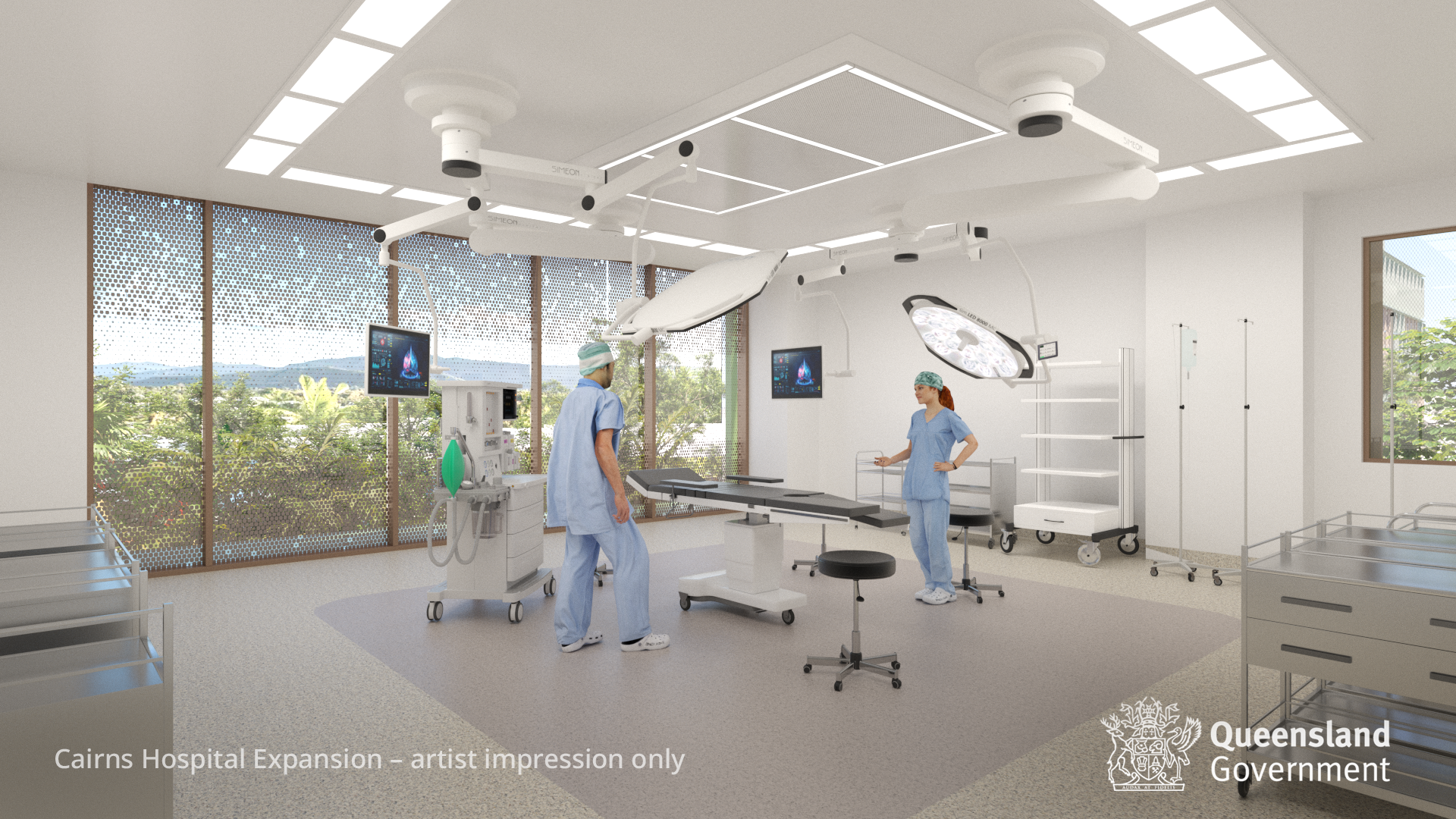 A artist’s rendering of one of the four new operating theatres as part of the Cairns Health Innovation and Surgical Centre