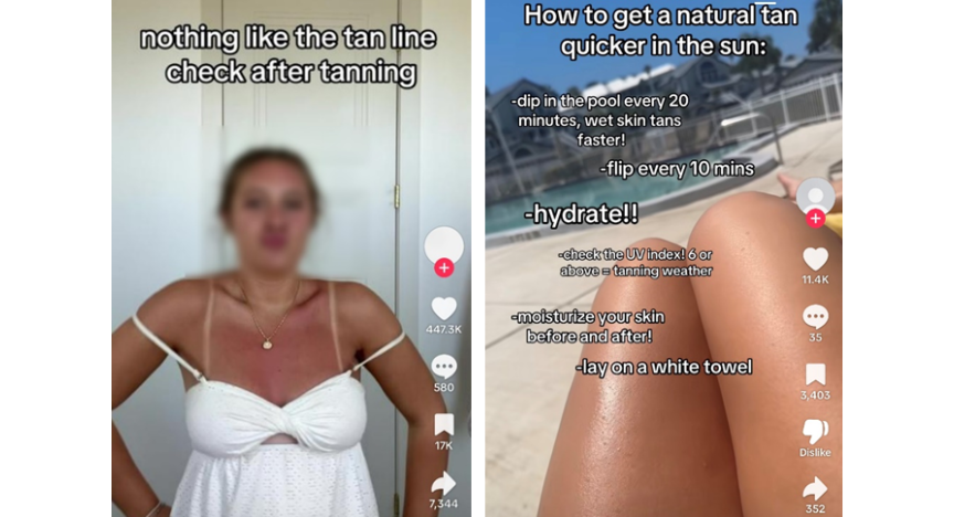 Two screenshots from TikTok. The first showing a woman with a dark tan and obvious bikini tan lines, the other of a woman tanning and text over the image with 'tips' on how to get a natural tan faster