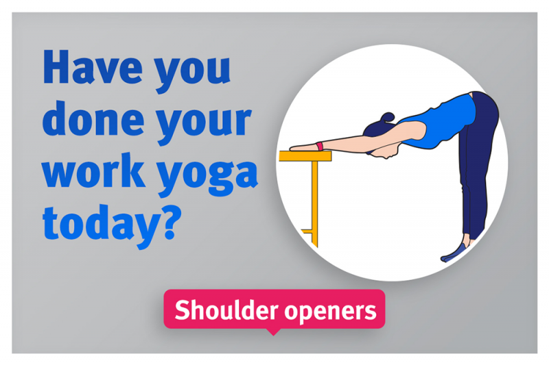 Graphic showing woman doing desk yoga