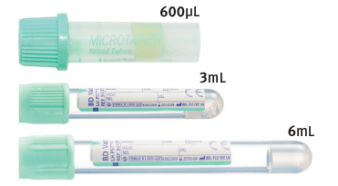 Lithium heparin tubes showing draw volume(s)