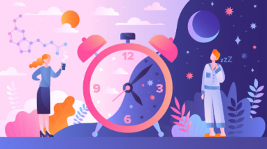 A graphic split down the middle with daytime objects and activities on the left and nighttime on the right with a figure of a woman on the left and a man on the right