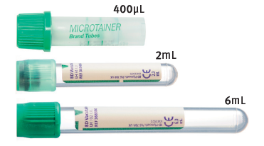 Lithium heparin (no gel) tubes showing draw volume(s)