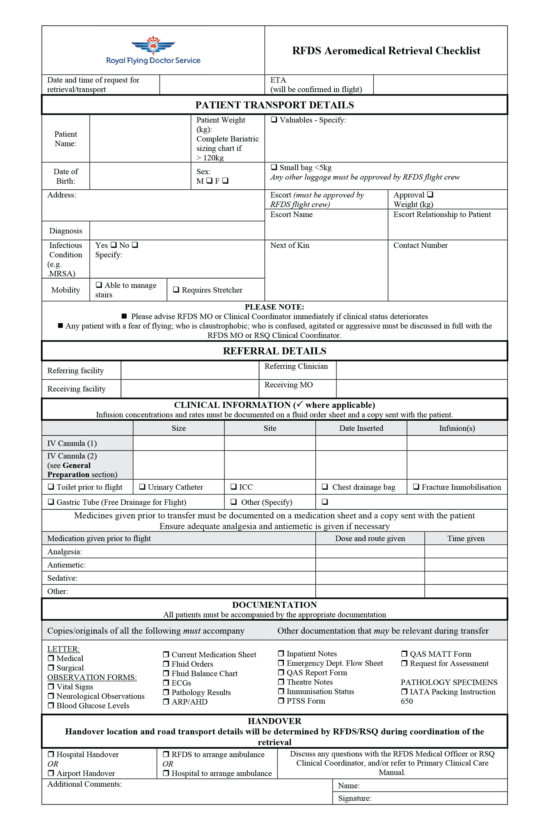 Appendix 3: RFDS Aeromedical Retrieval Checklist 