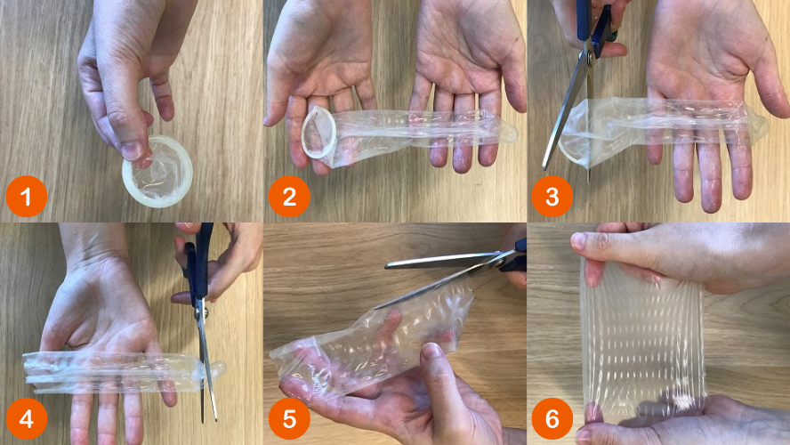 A step by step guide on how to turn a condom into a dental dam. This is done by cutting the tip and the ring off a regular condom, then cutting the condom open and laying it flat. 