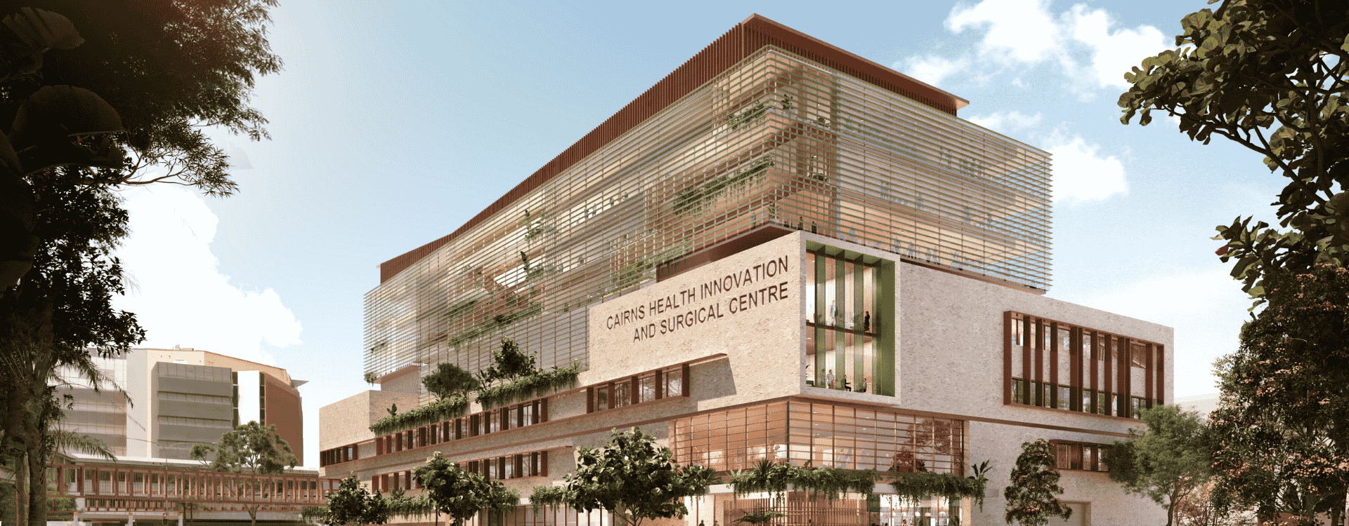rtist impression of the Cairns Health Innovation and Surgical Centre, showing a multi-storey building with landscaped surrounds and people at street level.