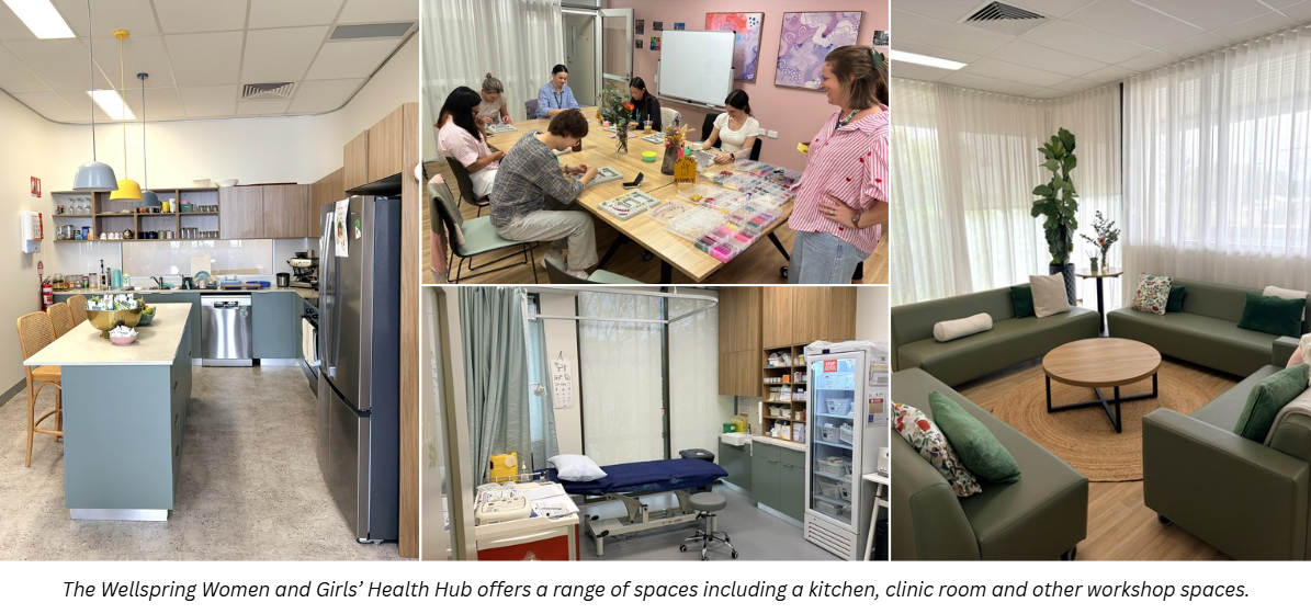 The kitchen, clinic room, a workshop and another meeting space at the Wellspring Hub