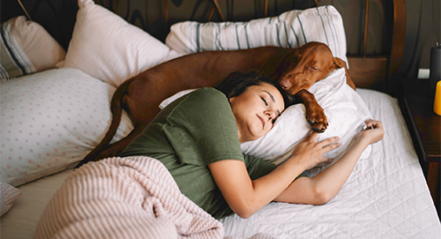 A woman sleeps with her dog sleeping on the pillow above her