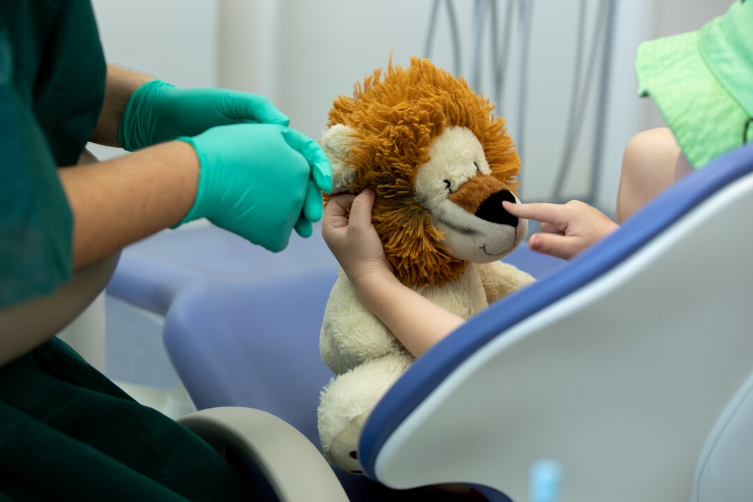 Boy brings his stuffed toy lion as a comfort to his dental appointment.