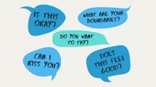 A graphic showing various verbal requests for sexual consent such as: Is this okay? What are your boundaries? Do you want to try? Can I kiss you? Does this feel good