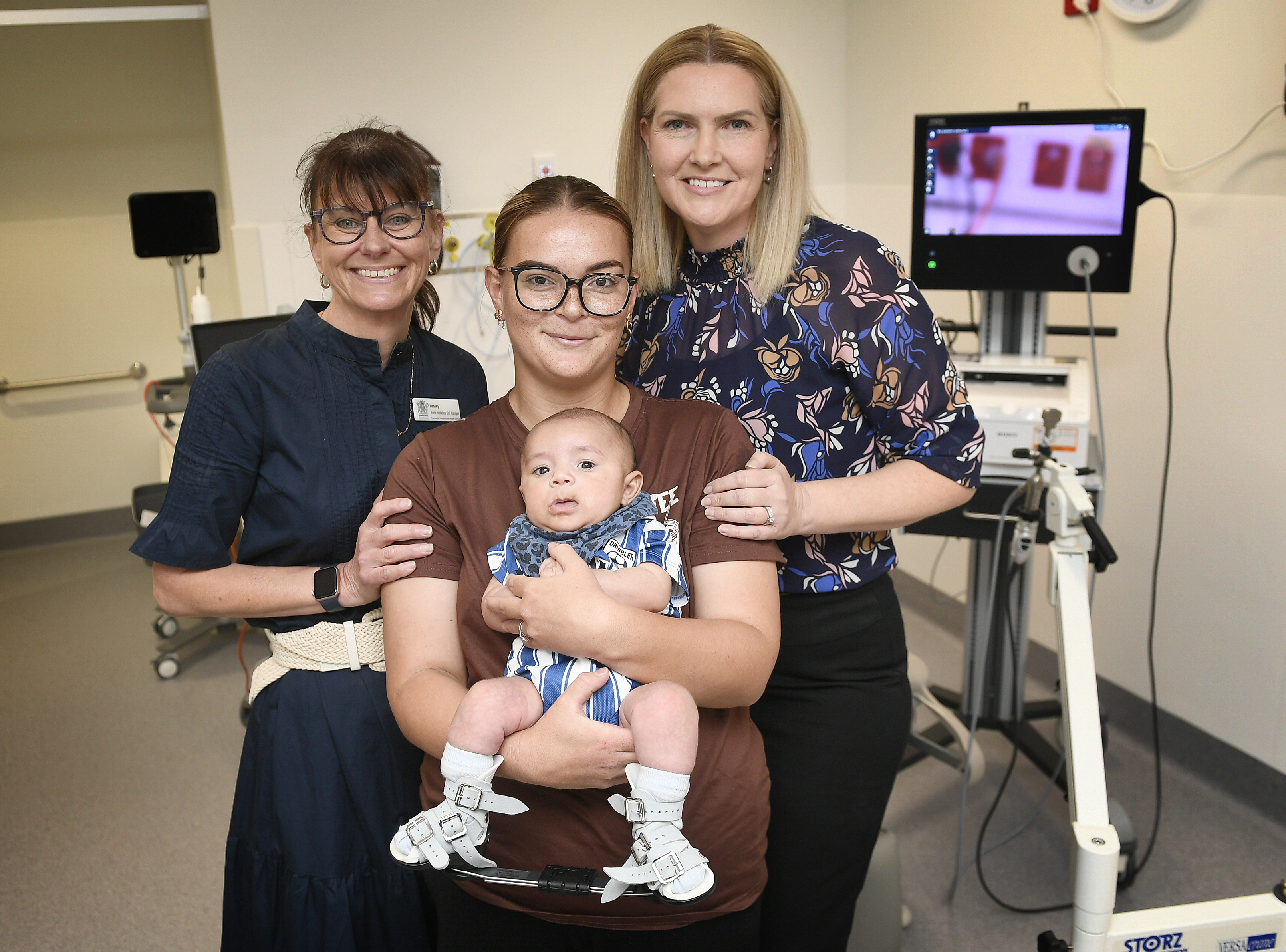 Nurse Unit Manager Midwifery Lesley Brown and Director of Midwifery Deanna Ward with Jemma Hall and baby Kaelan Hafstad-McLoughlin.