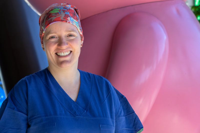 A photo of Dr Annie Roberts wearing her surgical scrubs.