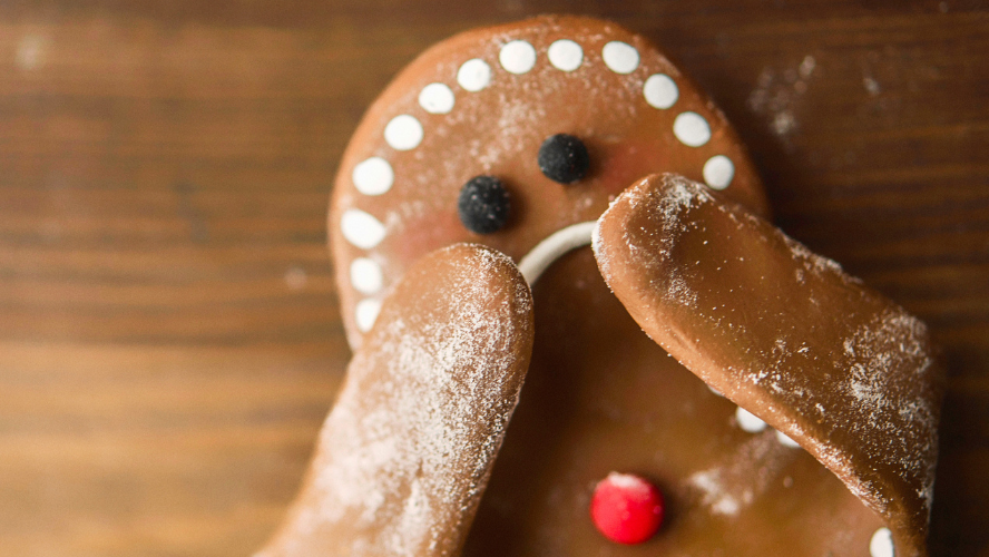 A stressed and sad-looking gingerbread man