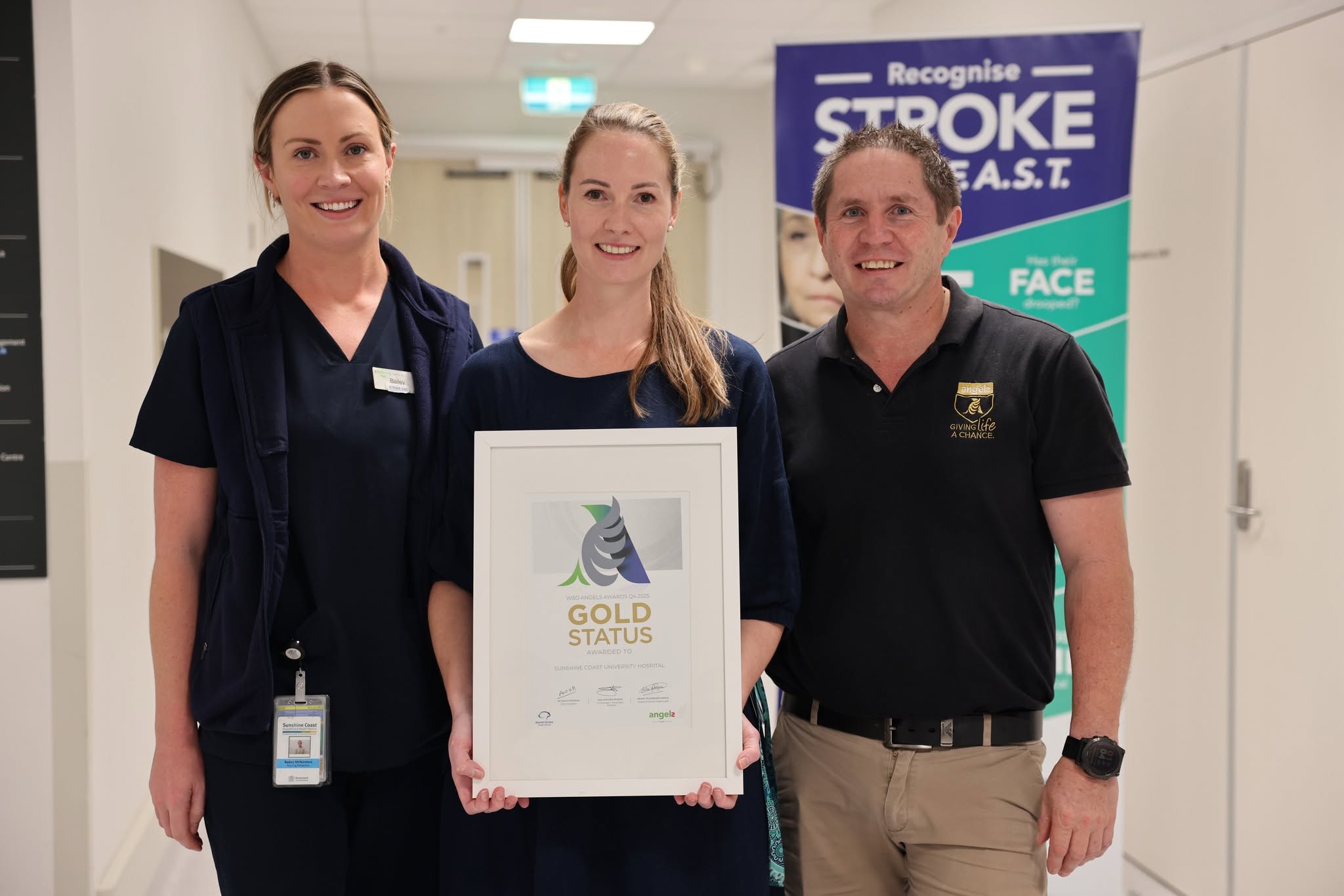 The Sunshine Coast University Hospital stroke team, including Bailey McNamara, Jess Pyman and Robert Hopkinson, were recently recognised with a GOLD Status Award from the World Stroke Organisation Angels Awards