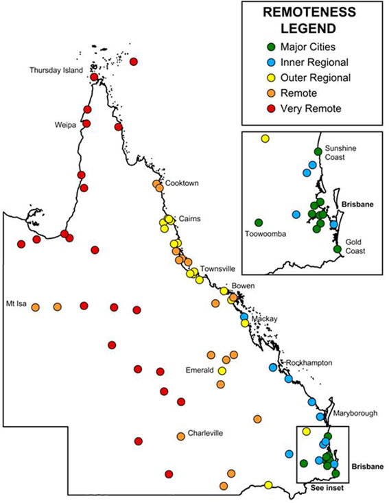 Location and ABS remoteness classifications for the 78 stores in the 2014 Healthy Food Access Basket Survey