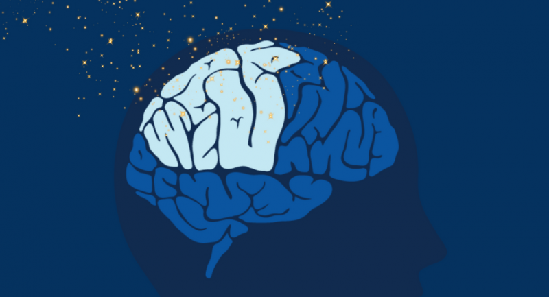 A graphic of a brain on a dark blue background with starlike twinkles above it