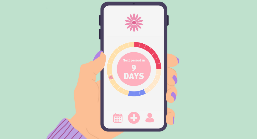 A graphic of a hand holding a mobile phone with a generic menstrual cycle tracking app showing on the screen
