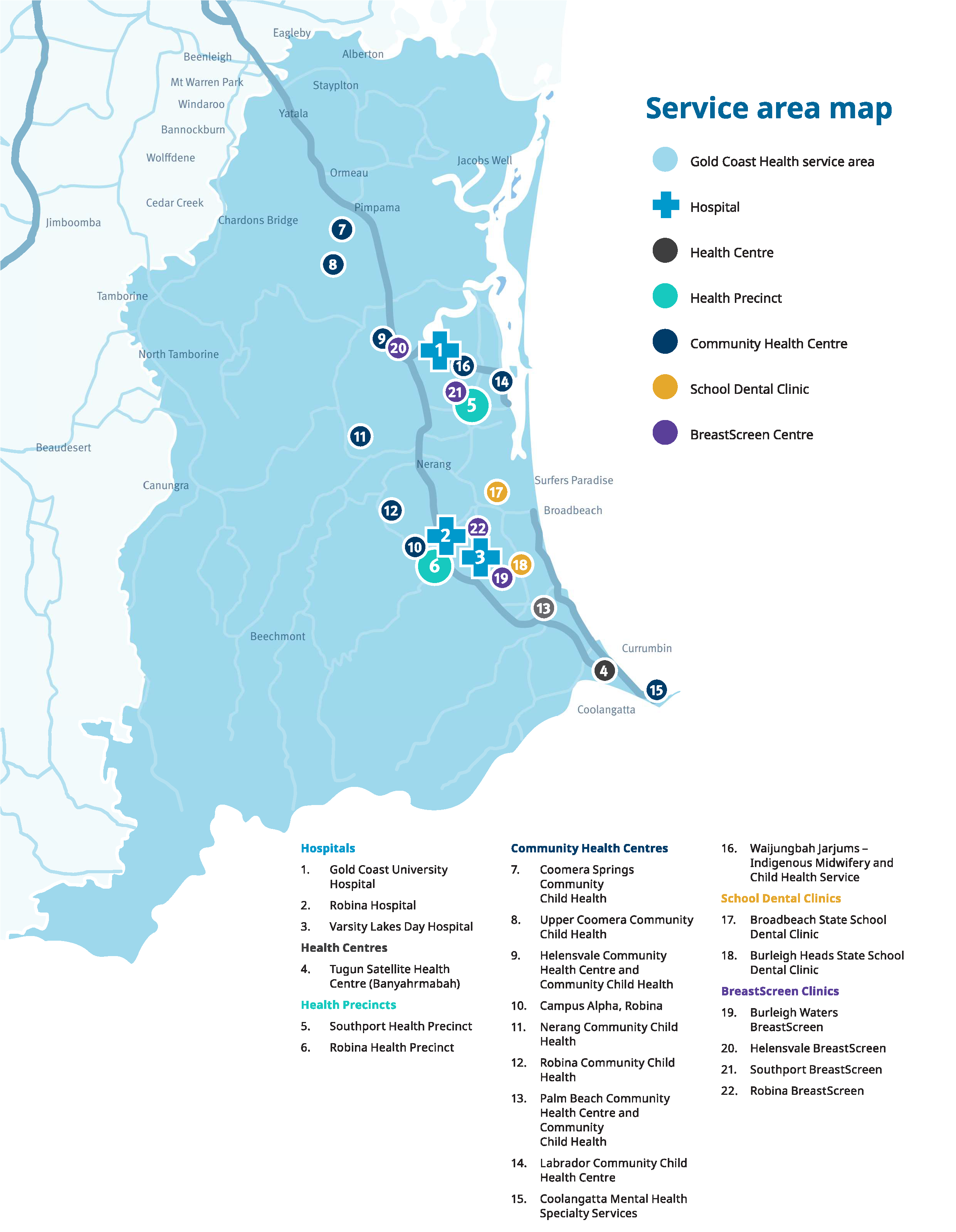 Map of the Gold Coast Hospital and Health Service, categorised by hospitals, health precincts, community health centres, school dental clinics and BreastScreen clinics. Locations shown with numbered and coloured icons.