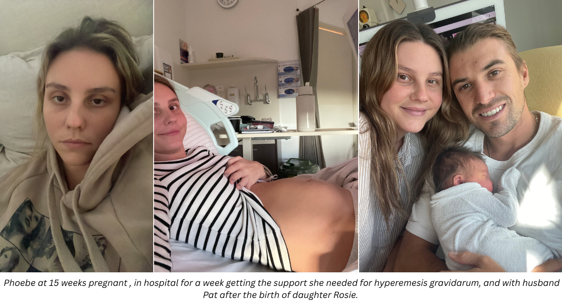 Phoebe sick at home with HG, in hospital and smiling with her husband and newborn baby