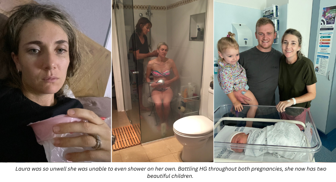 Laura Gallagher sick with HG, sitting in the shower and with her husband, daughter and newborn son