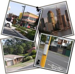 images from the community; city buildings, houses, shops, public transport