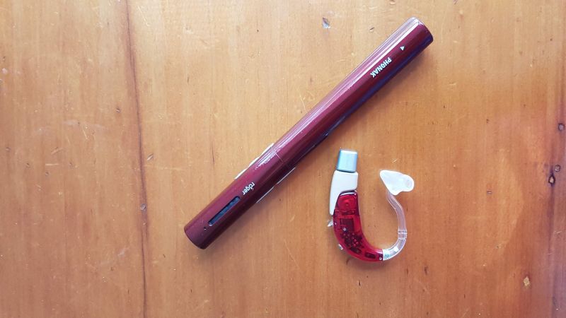 A photo of Jessica's Roger Pen and hearing aid.