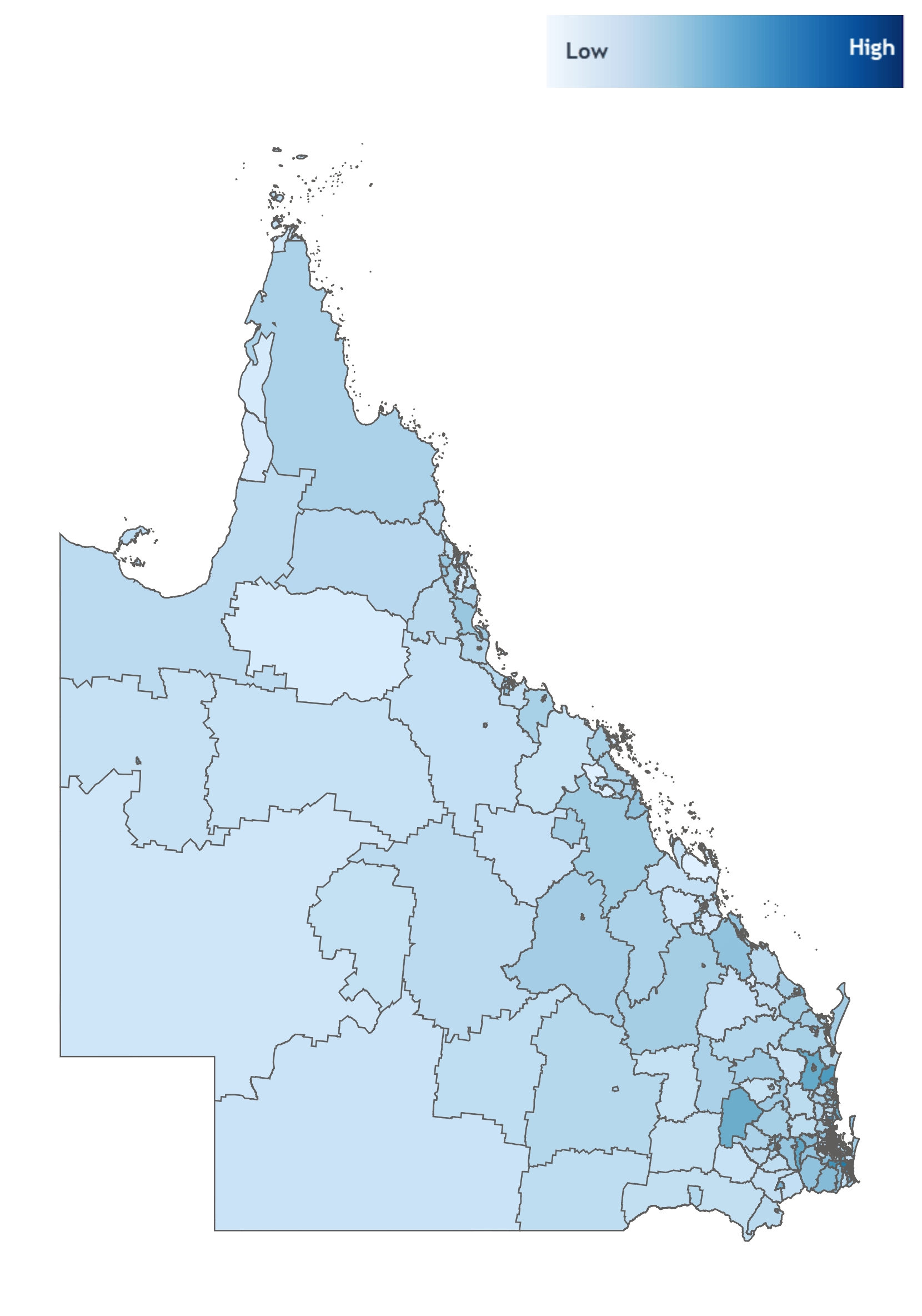 Heatmap of queensland showing population density by SA2 geographical boundaries
