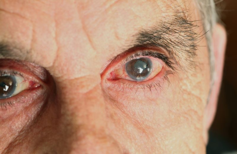 A photo of a man's eyes with cataracts.